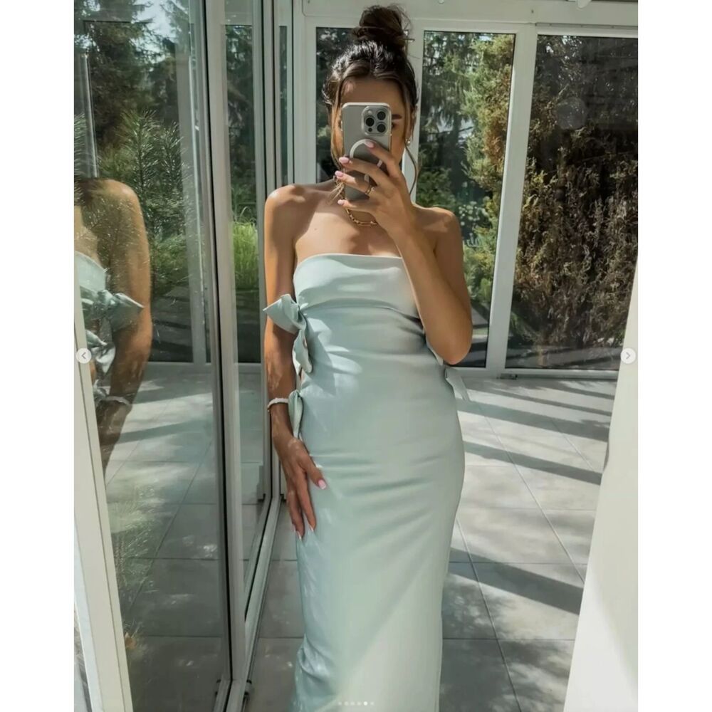 ZARA Satin Bow Cutout Midi Dress Size Small Light Blue Strapless 4772/211 NWT